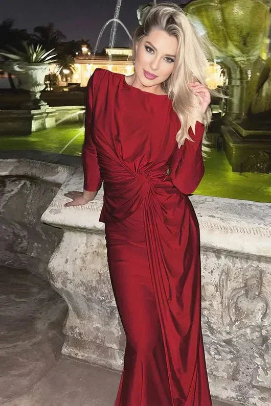 stylowa sukienka maxi z długim rękawem i skręcanym przodem